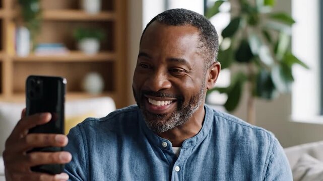 A smiling man of color holds a modern smartphone and engages in a video call with a friend