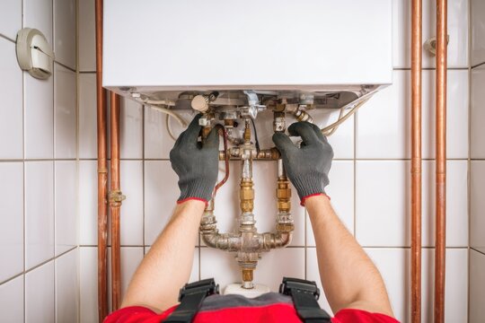 A technician works on plumbing pipes and fittings, adjusting connections under a water heater in a tiled room.