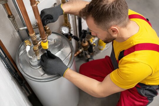 A plumber repairs a water heater, focused on ensuring proper connections and maintenance, wearing gloves and work attire.