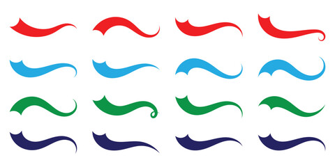 Hand drawn red, blue, green, violet swoosh elements, and swoop underline typography tails shape in flat styles. Set of Swoosh vector ribbons. Design concept element collection. Vector illustration.  © Luna Visuals