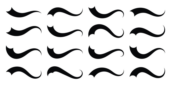 Swoosh tails collection, featuring retro sports underline black curly shapes, baseball text tails, and vector swooshes isolated on white background. Vintage swish shapes and brush strokes. Eps10
