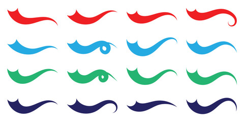 Swoosh tails vector icons set . Red, blue, green, violet waves swoosh logo template. Hand drawn swoosh elements, and swoop underline typography tails shape in flat styles. Set of Swoosh vector. © Luna Visuals