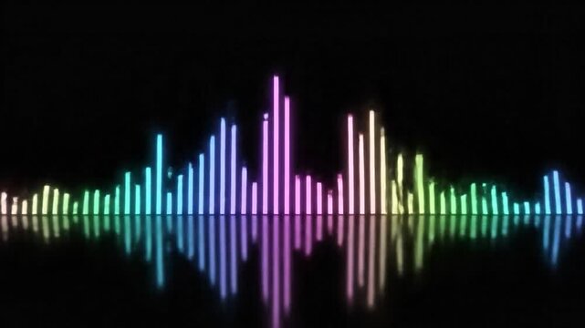 A vibrant, colorful sound wave equalizer graphic with a reflective surface on a dark background
