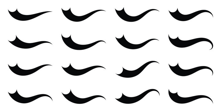 A set of dynamic curved black swoosh tail elements. Baseball of football swoosh text tails in retro styles. Sporty swash strokes for vintage typography and font design. Vector illustration. Eps10