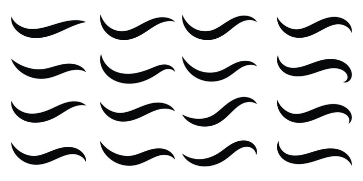 A set of dynamic curved black swoosh tail elements. Baseball of football swoosh text tails in retro styles. Sporty swash strokes for vintage typography and font design. Vector illustration. Eps10