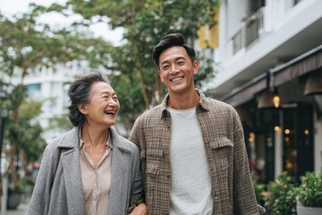 Fototapeta premium Asian Senior Woman and Adult Son Laughing Together While Walking on Urban Sidewalk