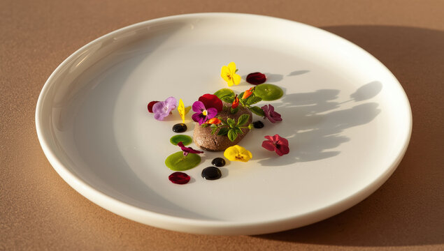 Edible flower garnished fine dining plate with sauce dots and microgreens