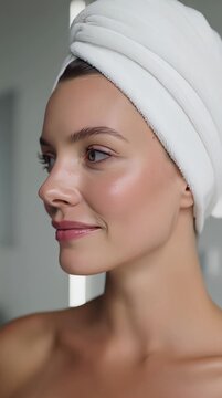 Close-up portrait of a young woman with a towel wrapped around her head.