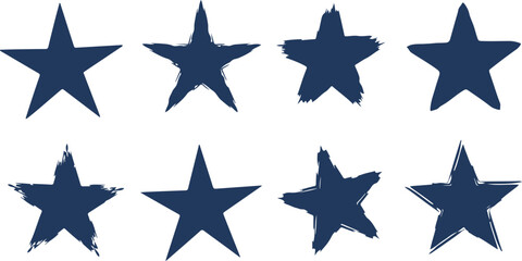 Fototapeta premium Set of eight stylized star icons with varying brush stroke textures for creative design projects