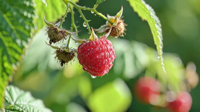 Closeup of a ripe red raspberry on a branch with water droplets.