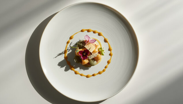 Elegant plated fine dining dessert with edible flower garnish and sauce ring