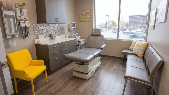 Cozy suburban family doctors office layout highlighting the exam table at center with softly blurred patient seating and wallmounted instruments in view.