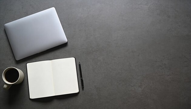 Modern workspace flat lay with laptop and coffee, top view