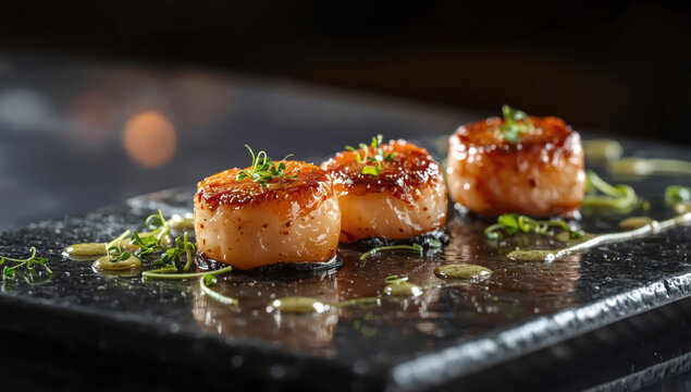 Seared scallop appetizer with microgreens and sauce on dark slate, elegant plating