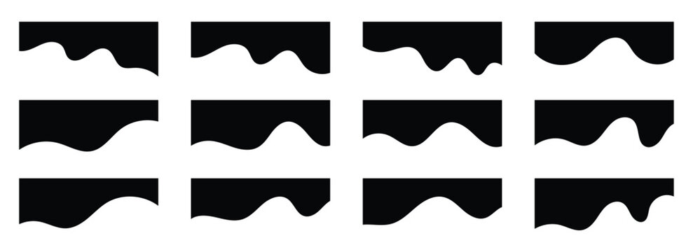 A set of modern black wavy shape dividers for website headers and footers. Vector illustration of abstract curved separators isolated on white background. Eps10