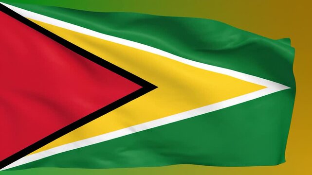 A vibrant national flag with geometric shapes and bold colors waves gently in the breeze against a gradient background