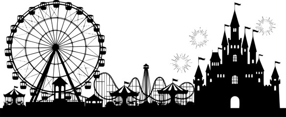 Obraz premium Amusement park silhouette with ferris wheel and castle 