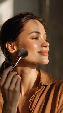 Young woman applying makeup with a brush in natural light.