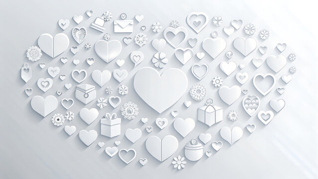 Monochrome white paper cut style heart composition with gifts and symbols