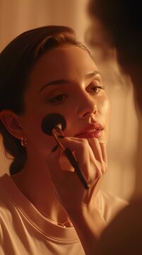 Young woman applying makeup with a brush in warm indoor lighting.