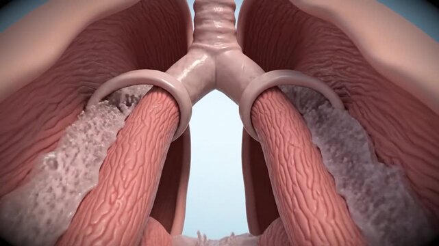 3D animation showing the bronchial tubes of the human respiratory system with mucus buildup