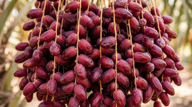 Fresh Ripe Dates Bunch Hanging on Tree in Natural Sunlight