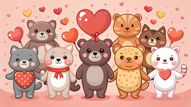 Cute cartoon animals holding heart balloons for Valentines day celebration