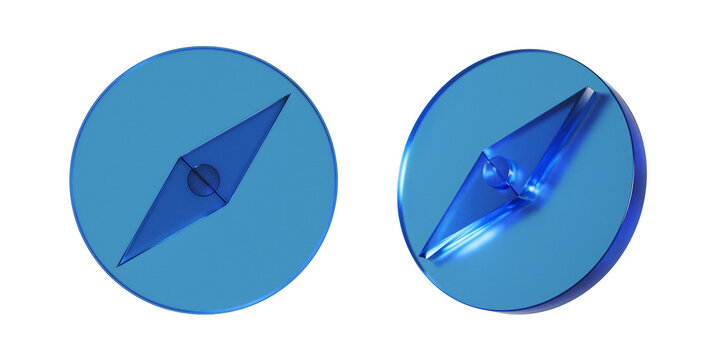 地図を示す丸い方位磁石のフラットなアイコンの3Dイラスト。透明感のある青いガラスのような質感のマーク。半透明なアクリルで切り出したようなクリアなアイコン。Clean-looking icons suitable for business and UI