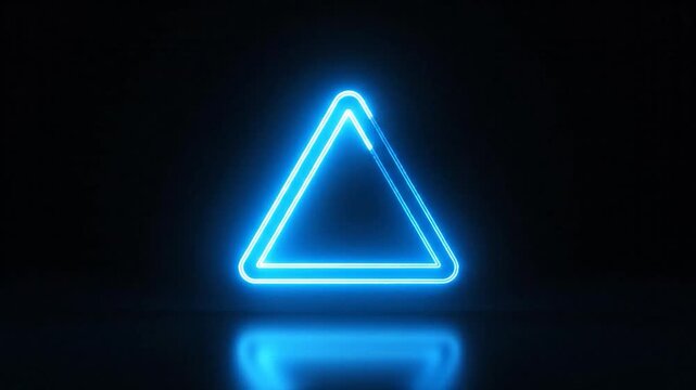 A glowing blue triangular shape with a neon outline on a dark reflective surface