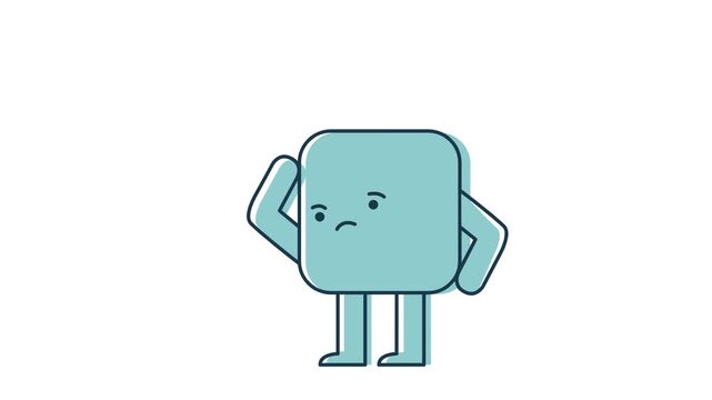 Puzzled light blue square cartoon character scratching its head, expressing confusion or deep thought. A cute illustrated icon representing problem-solving or contemplation