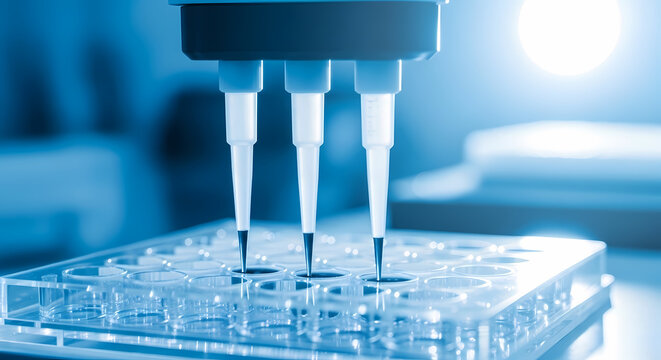 A sophisticated robotic liquid handler precisely dispenses solutions into a clear multi-well plate within a sterile laboratory environment.