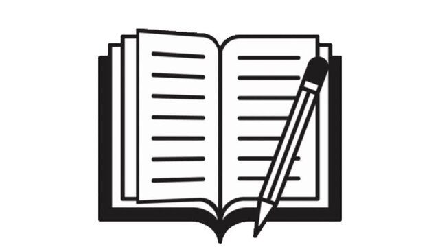 Minimalist monochrome icon of an open book with lines and a pencil, abstractly symbolizing the core concept of education, diligent study, academic learning, literacy, and the pursuit of knowledge