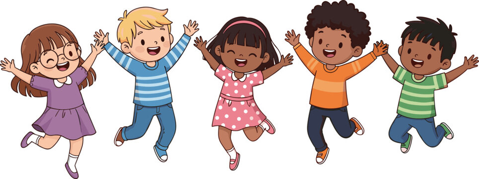 Cartoon-style illustration of five cheerful children jumping with raised arms in colorful outfits, symbolizing happiness, diversity, playfulness,.
