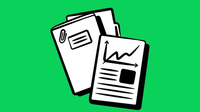 Illustrative Icon of Business Documents, Folder, and Financial Report with Graph, Symbolizing Data Analysis, Organization, and Office Productivity on a Vibrant Green Background