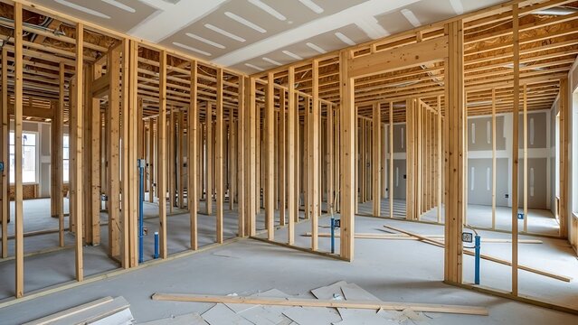 Interior framing progression, providing structural integrity for a modern home