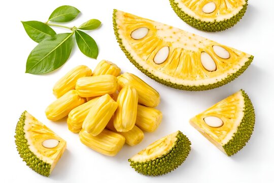 Top View of Fresh Jackfruit Slices and Yellow Pods on White Background
