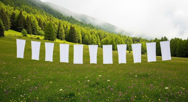 White sheets hanging on a clothesline in a green mountain meadow