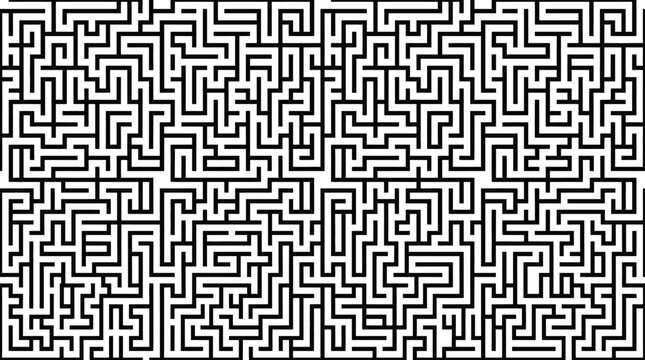 High-contrast black and white maze pattern background design.