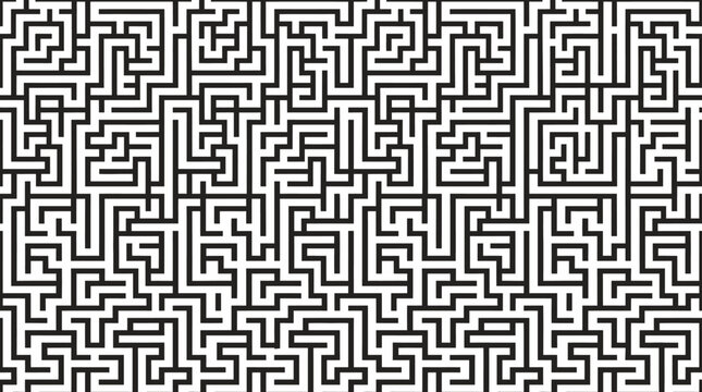 Black and white geometric maze pattern with interconnected paths.