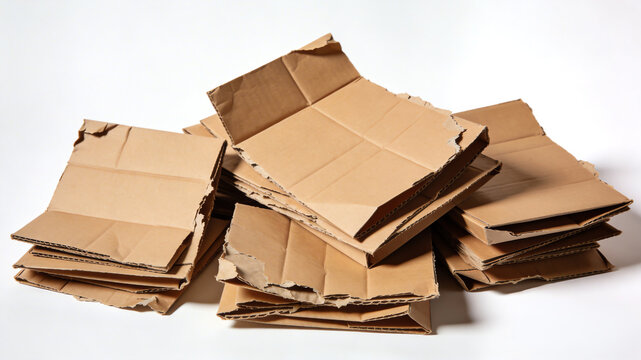 Stack of flattened brown corrugated cardboard boxes isolated on white. Recyclable packaging material for moving or shipping.
