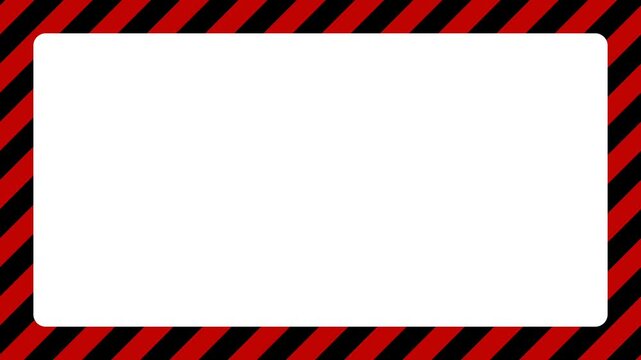 赤と黒の警告色の斜めなストライプの長方形フレーム。危険やエラーを警告する縞模様。四方を柄で囲まれた飾り枠のループするアニメーション素材
