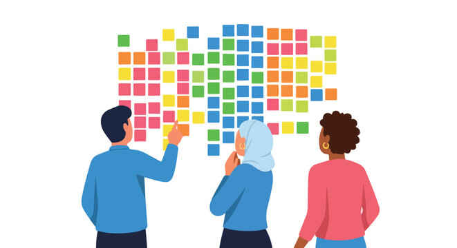 Diverse professionals collaborate and organize ideas on a wall filled with colorful sticky notes, symbolizing creative brainstorming and teamwork.