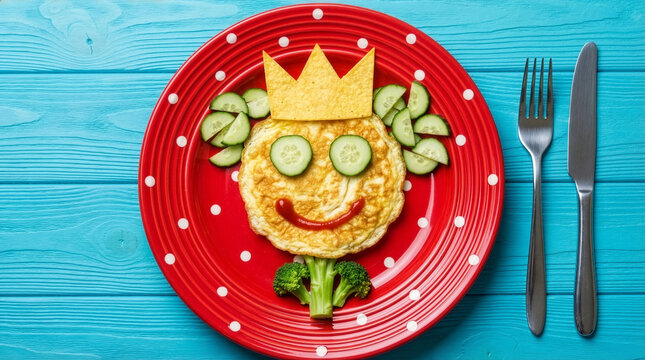 Funny Face Omelette with Crown on Red Plate for Kids Breakfast