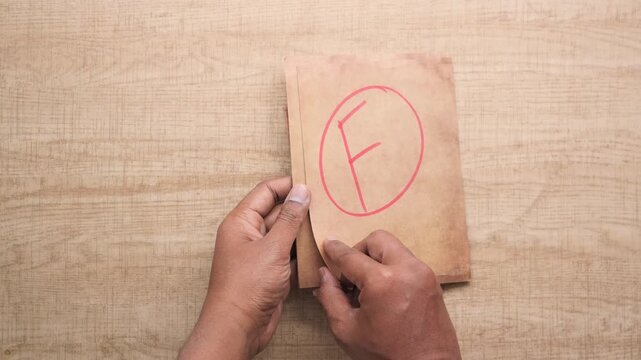 Hands holding stack of vintage paper with red grade f letter mark showing failure at school.