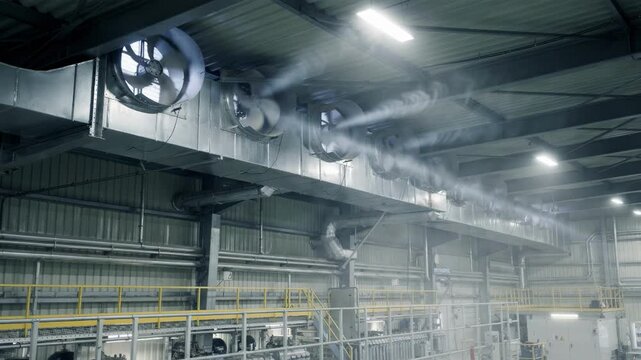 Medium shot showing roof fans integrated into the fume extraction system of an ink plant emphasizing airflow control and industrial safety measures.