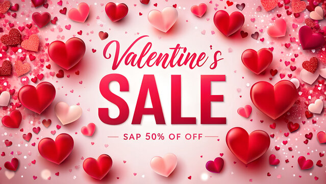 Valentine&rsquo;s day sale banner with heart balloons confetti and large promotional typography on a pink background