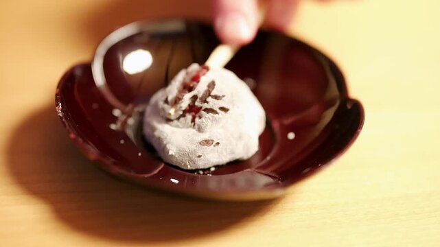 Japanese Wagashi Daifuku Mochi Dessert Served on Lacquerware Plate in Kanazawa