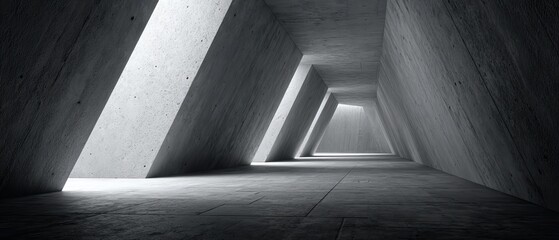 Obraz premium Monochrome minimalist concrete tunnel with slanted textured walls and angular openings, dramatic natural light shadows, black-white contrast emphasizing geometric depth.