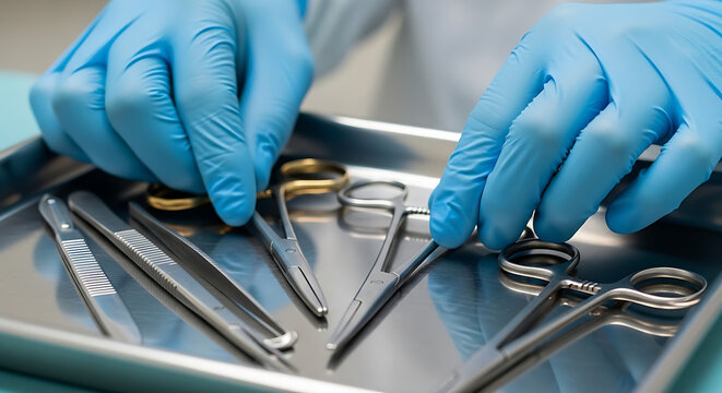 Closeup of a surgeons hands in blue gloves selecting surgical tools