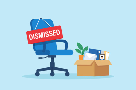 Flat illustration of dismissed office chair with personal belongings box symbolizing job loss layoff unemployment career setback and workplace downsizing